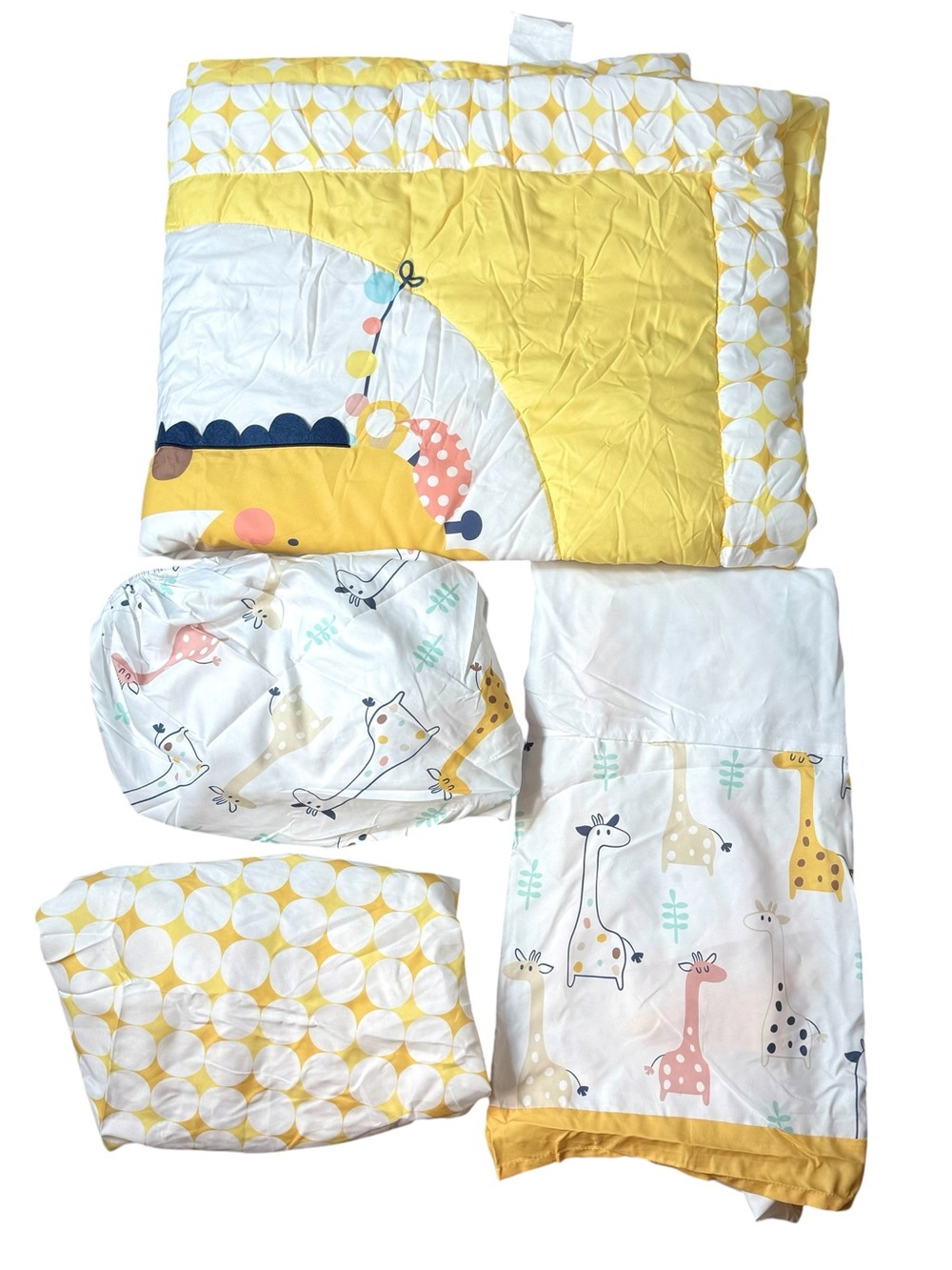 4 Piece Crib Bedding Set Yellow White Animals Baby Giraffe Monkey Jungle